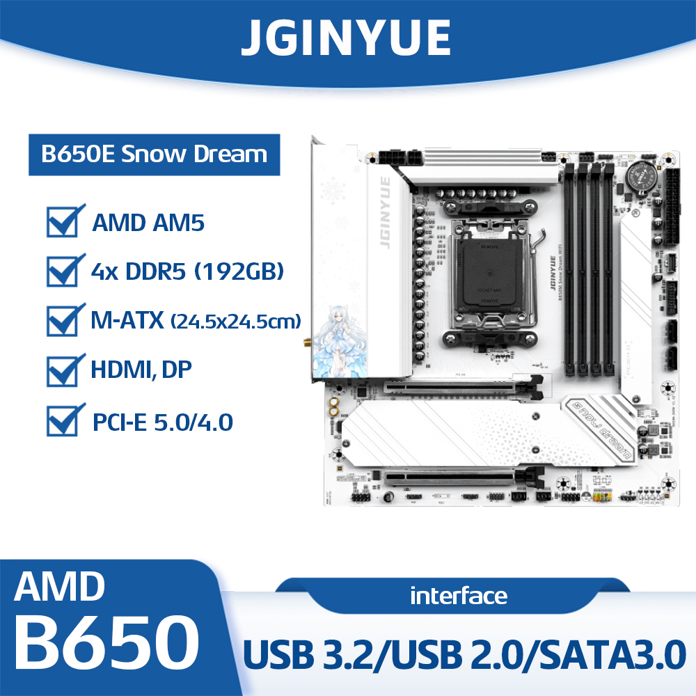 Am5 Micro Atx Pcie 5.0 Motherboard - Carte mère JGINYUE B650E Snow Dream